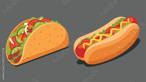 Appetizing taco with fresh ingredients and a classic hot dog with mustard and relish displayed on a dark background.