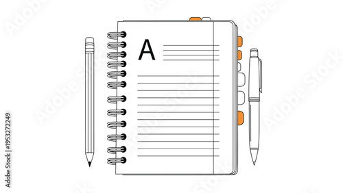 Spiral bound notebook with a large letter A on the cover placed between a graphite pencil and a black ink pen.