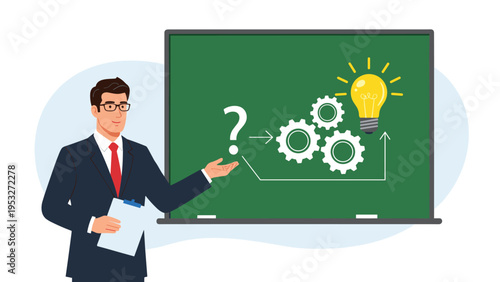 Businessman in a suit pointing at a green chalkboard showing the process from a question to an idea using gears.