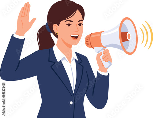Confident businesswoman effectively communicating important news or a special announcement to an audience using a powerful megaphone