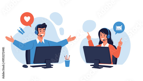 Professional male and female call center agents provide friendly customer support and track business growth data in office.