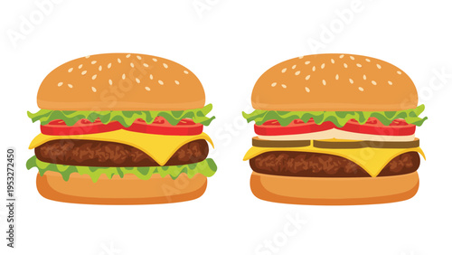 Two delicious cheeseburgers featuring fresh lettuce, juicy tomatoes, melted cheese, and savory meat patties on sesame buns.