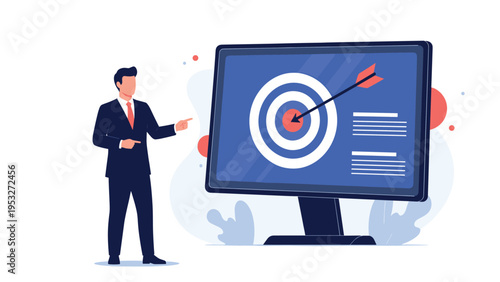 Focused businessman points at a large target on a computer monitor to demonstrate strategic goals and performance targets.