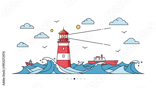 Red and white lighthouse stands tall amidst turbulent blue ocean waves under a cloudy sky with passing ships nearby.
