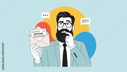 Bearded businessman in glasses looks thoughtful while holding an open envelope containing an official document or letter.