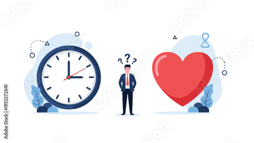 Confused businessman stands between a large clock and a giant red heart representing the struggle for work life balance.