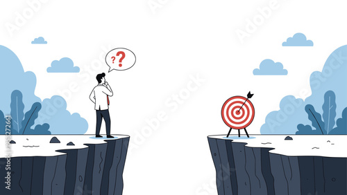Thoughtful businessman stands on a cliff edge looking across a wide gap toward a target representing challenging goals.