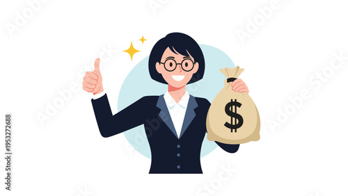 Happy businesswoman gives a thumbs up while holding a large sack of money symbolizing financial success and wealth.