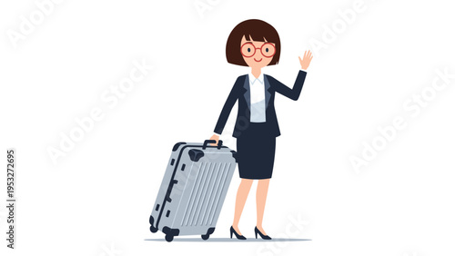 Professional businesswoman in a dark suit waves goodbye while pulling a large silver suitcase for a business trip.