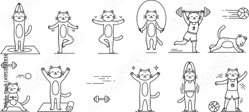 Cute cat workout doodle set with yoga exercise fitness activities gym training kawaii kitten outline vector illustration collection