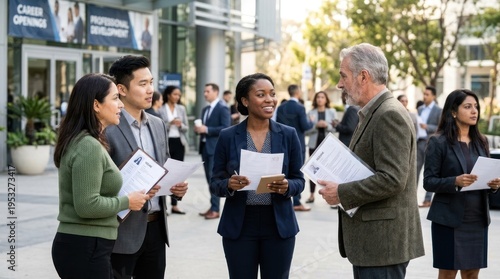 People networking at a career fair in a city street.