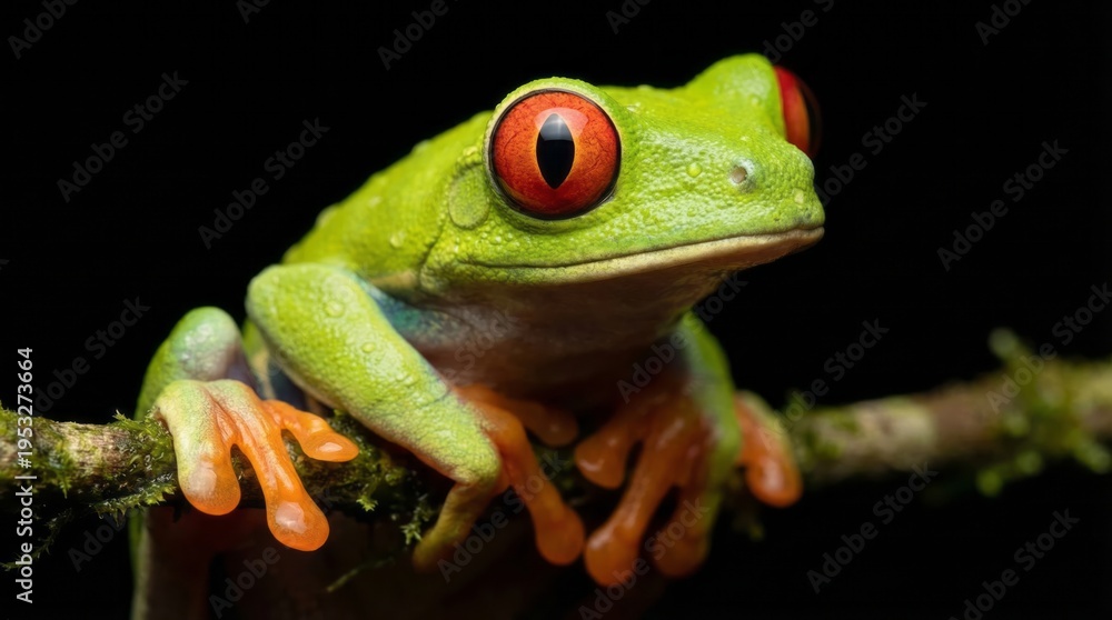 Obraz premium Extreme macro close-up of a red-eyed tree frog (Agalychnis callidryas) on pure deep black background