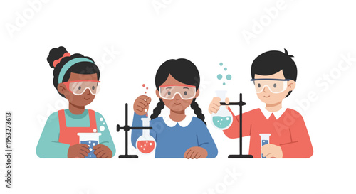 Three diverse children wearing safety goggles are conducting science experiments with colorful liquids in flasks and test tubes.