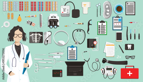 Doctor Mascot Hospital Equipment Medical Tool Sets Medicare X Ray Thermometer for Making Healthcare Banner Design Vector