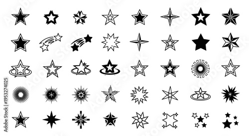 diverse collection of black star symbols and icons showcasing various shapes outlines and styles for design projects and graphic elements