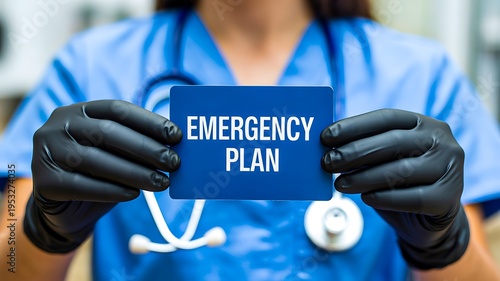 Doctor holding emergency plan sign healthcare safety and medical preparedness concept