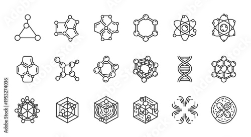 geometric scientific icons illustrating various molecular structures atom models and dna helix for educational and technological visuals.