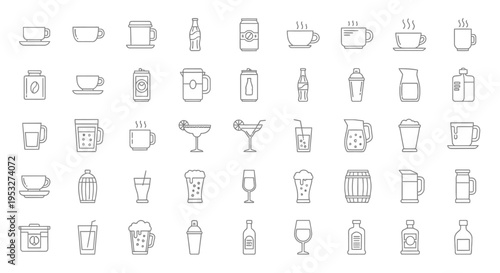 line art beverage icons illustrating diverse drinks and containers perfect for menus websites or app design.