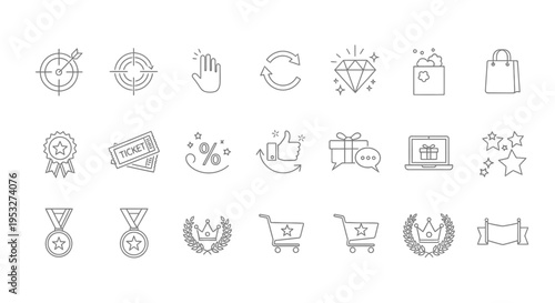 loyalty program and reward icons set representing customer engagement bonus and achievement for marketing and e-commerce platforms