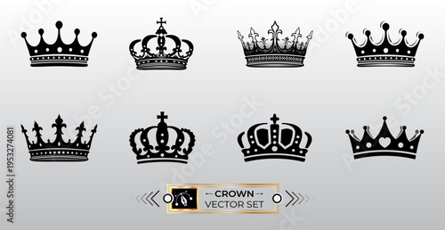 A collection of eight distinct black and white royal crown illustrations for heraldic design uses Vector, illustration