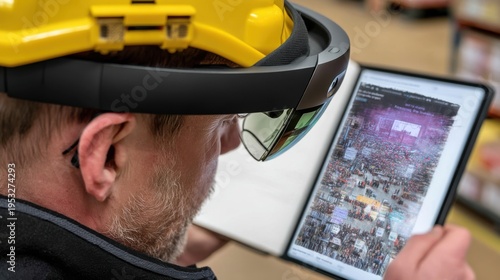 Innovative worker using augmented reality glasses warehouse technology industrial environment close-up future vision