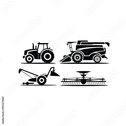 Black and white silhouettes of various agricultural farming machinery