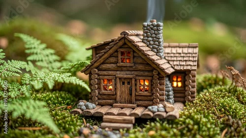 Miniature Log Cabin in Forest Setting.