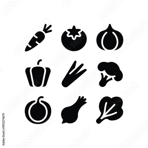 Simple black silhouettes depicting a variety of fresh vegetables