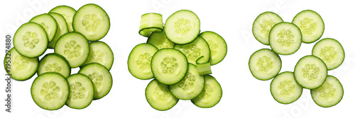 Vászonkép Set of Fresh Green Cucumber Slices and Rounds Isolated on Transparent Background