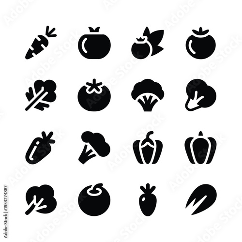 A collection of simple black silhouette icons representing various fruits and vegetables