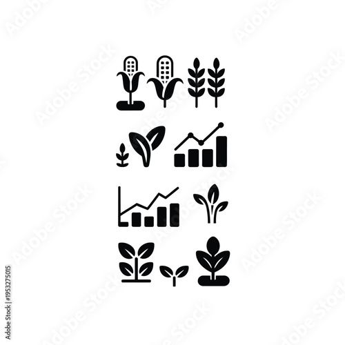 Black silhouette icons depicting agricultural growth plants and data charts