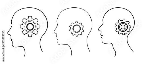 Human head profile set with internal gears and cogs featuring intelligence, brainstorming, strategy with solutions and machinery