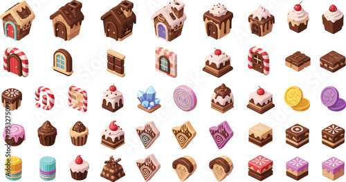 Sweet dessert icon set with chocolate cakes candy houses pastries cookies candies colorful bakery treats flat vector illustration