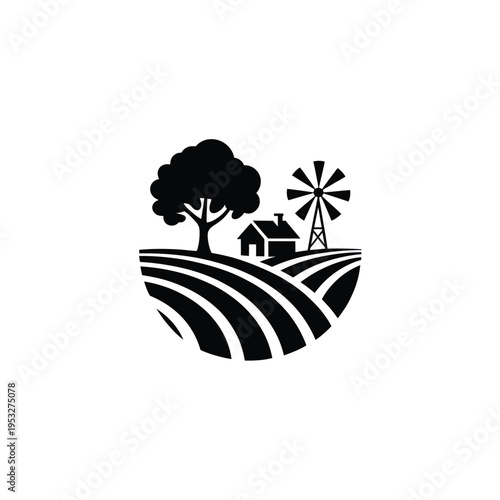 Simple black silhouette of a rural landscape with a farm and windmill