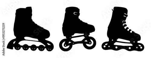 Rollerblade set with dynamic colorful line art design featuring skateboard, inline skating, winter fashion with sport and motion