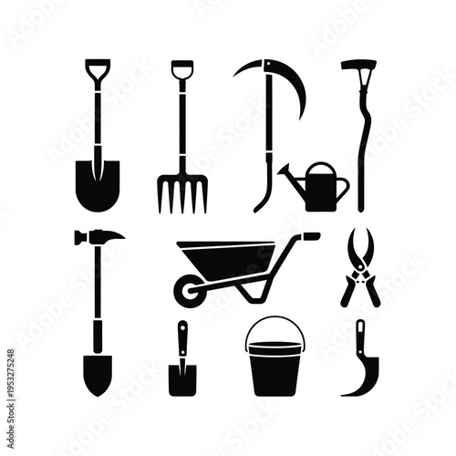 Black silhouettes of various gardening tools arranged in a grid pattern