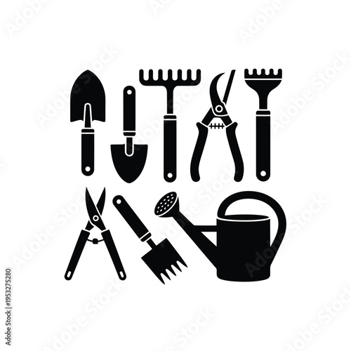 Collection of gardening tools in a flat black and white style