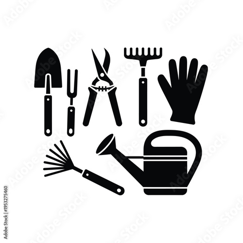 Gardening tools collection a shovel fork pruners rake and watering can