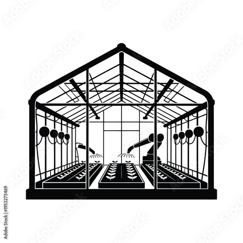 Automated robotic arms tending to plants within a greenhouse structure