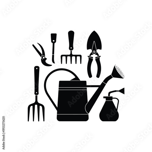 Black silhouette icons depicting various gardening tools on a white background