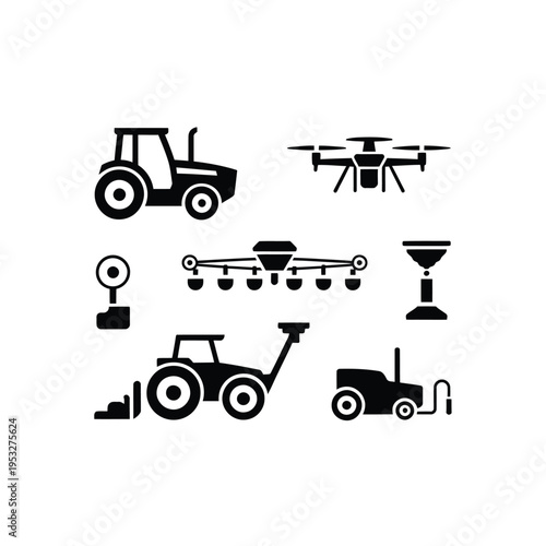 Agricultural machinery and drone technology icons in a black and white design