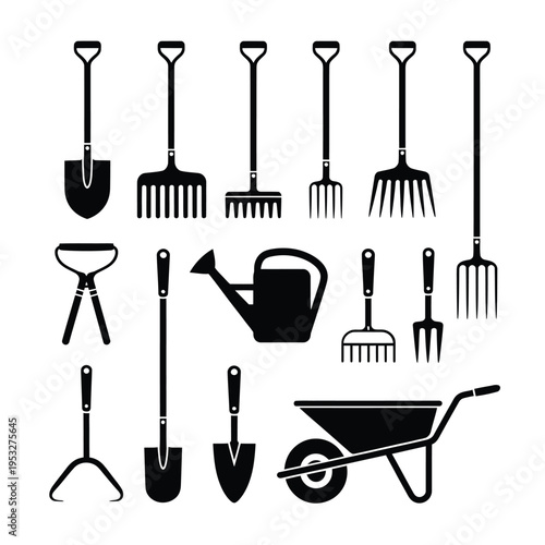 A collection of black silhouette gardening tools and a wheelbarrow