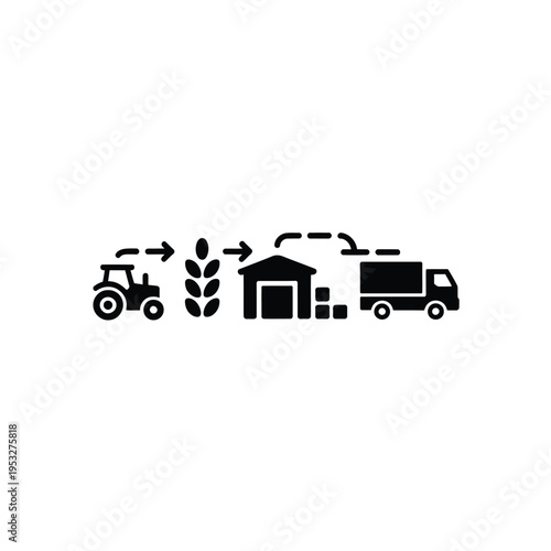 Agricultural process icon depicting farming harvest and transportation stages