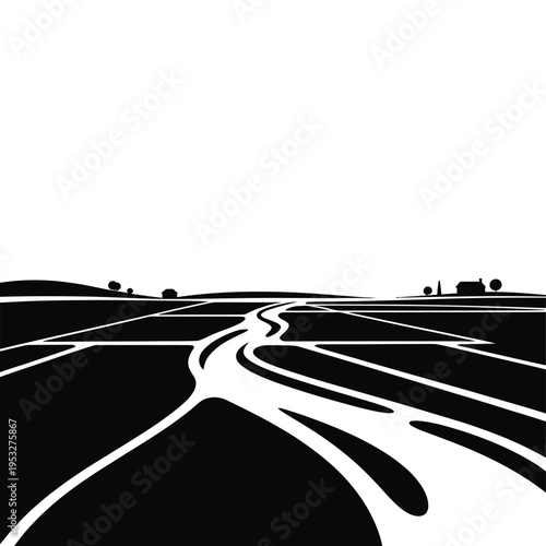 Minimalist landscape depicting a winding road through a rural black and white scene