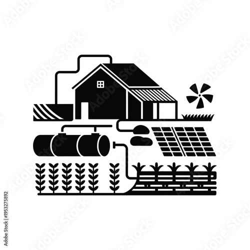 Sustainable farm illustration showcasing renewable energy and agricultural elements