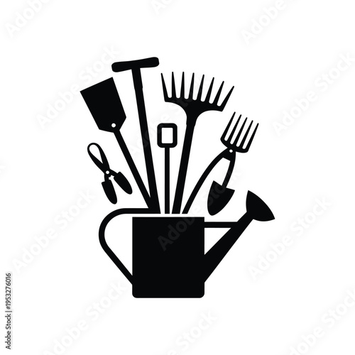 Black silhouette illustration of gardening tools in a watering can