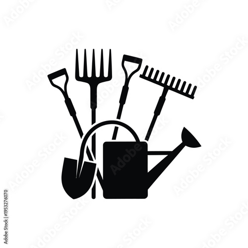 Black silhouette illustration of gardening tools including a watering can