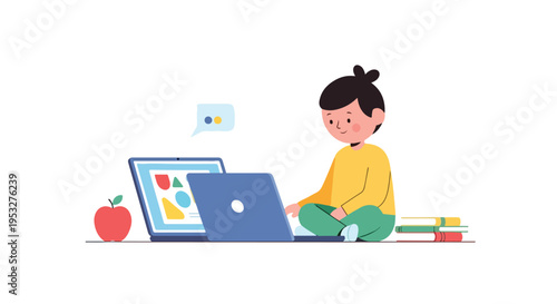 A minimalist vector illustration shows a young student sitting cross-legged while learning online with a laptop and school supplies.