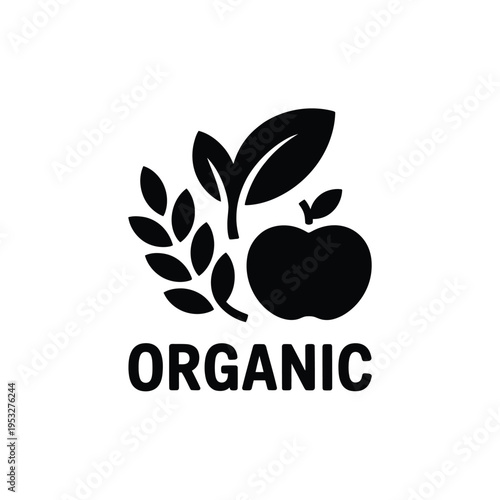 Simple black icon depicts organic produce with apple and leaf elements
