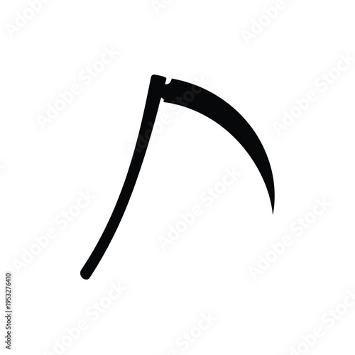 A stark silhouette of a grim reaper s scythe against a white background